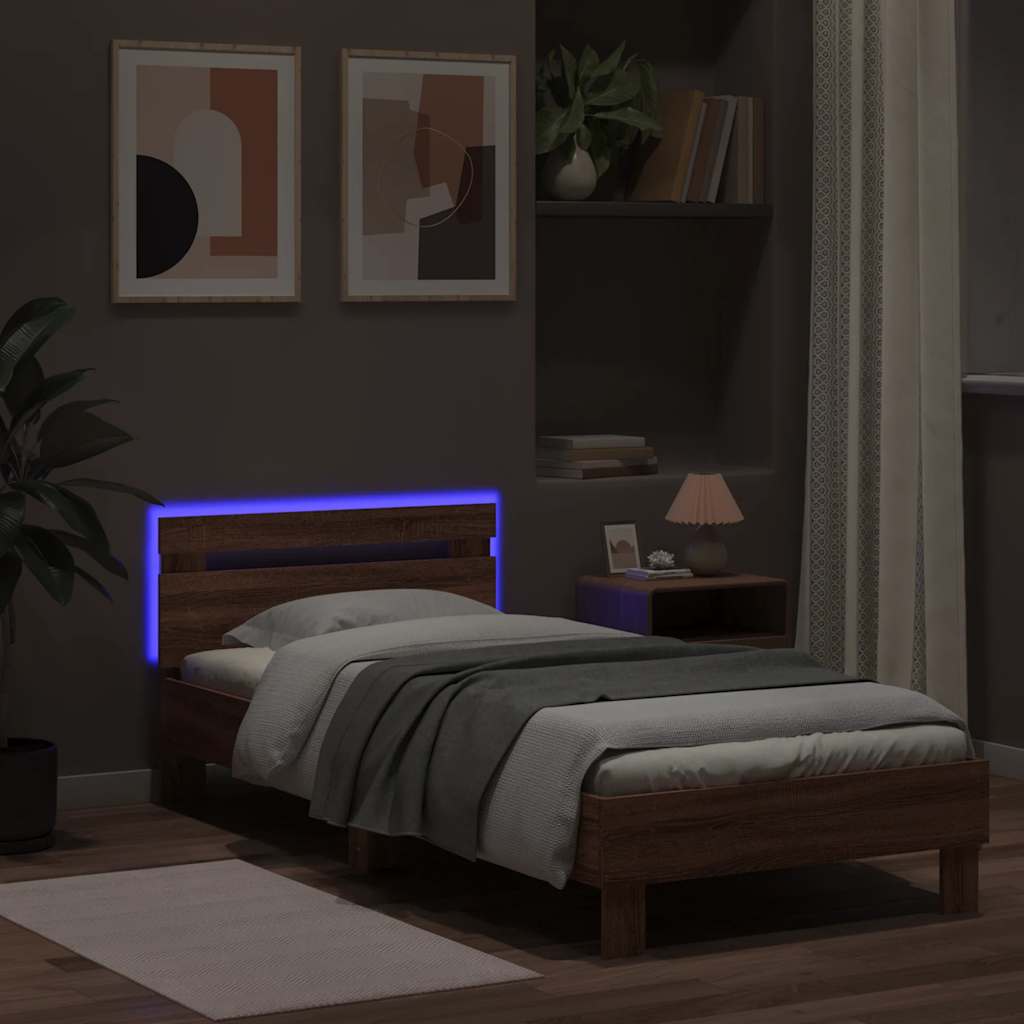 Bed Frame without Mattress with LED Lights Brown Oak 75x190 cm