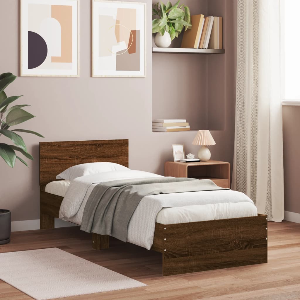 Bed Frame without Mattress with LED Lights Brown Oak 75x190 cm