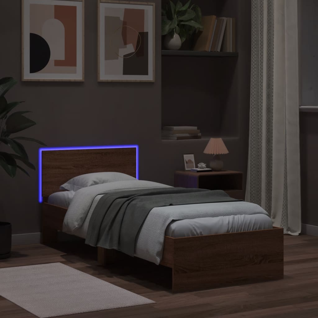 Bed Frame without Mattress with LED Lights Brown Oak 75x190 cm