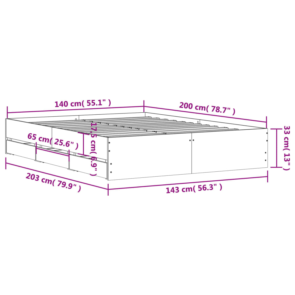 Bed Frame with Drawers without Mattress White 140x200 cm