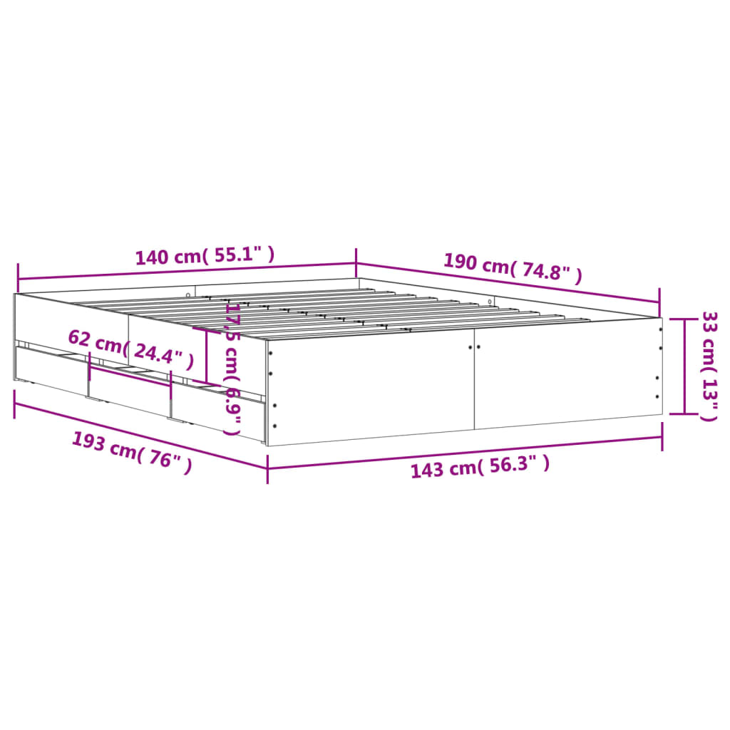 Bed Frame with Drawers without Mattress White 140x190 cm