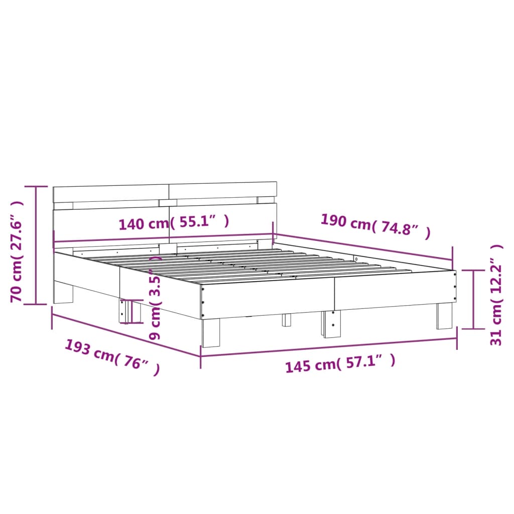 Bed Frame | Smoked Oak | Engineered Wood | 140x190 cm | Durable