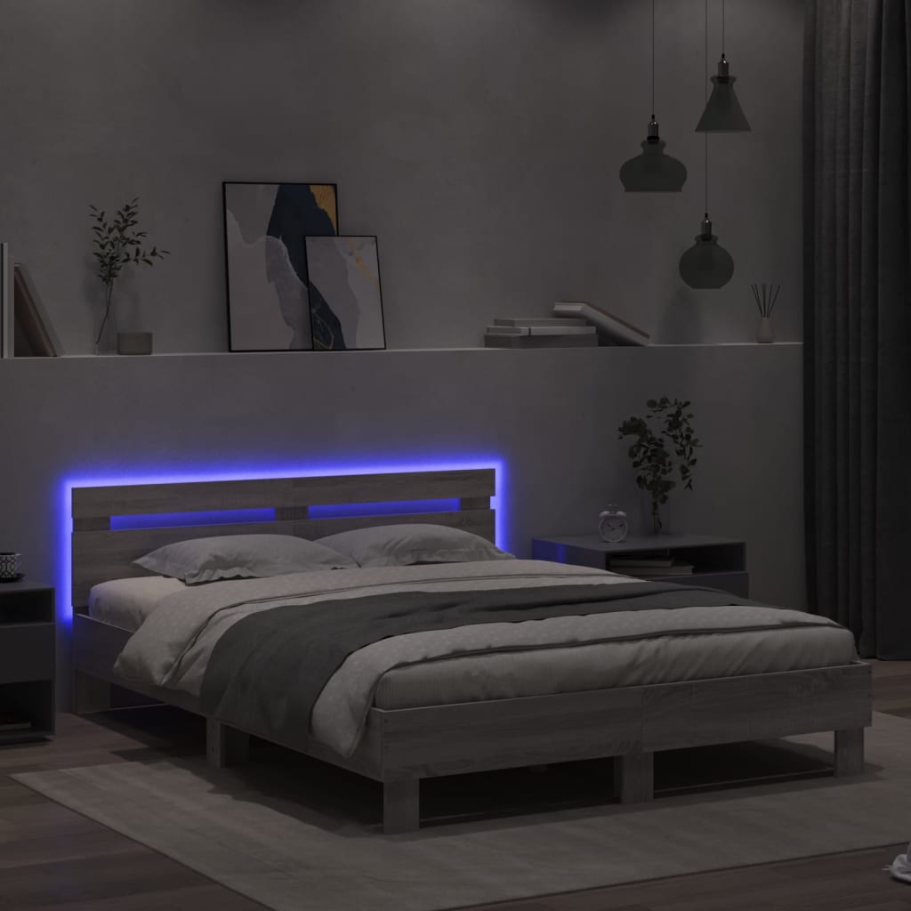 Bed Frame with LED without Mattress Grey Sonoma 150x200 cm