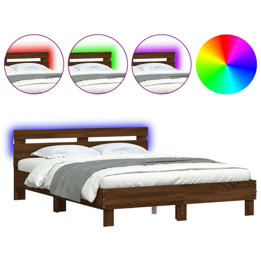Bed Frame with LED without Mattress Brown Oak 150x200 cm King Size