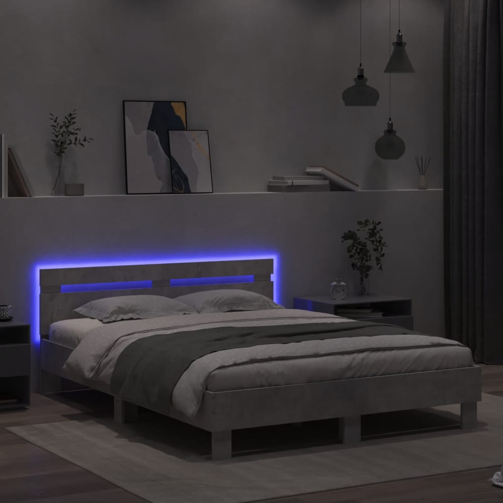 Bed Frame with LED without Mattress Concrete Grey 140x190 cm