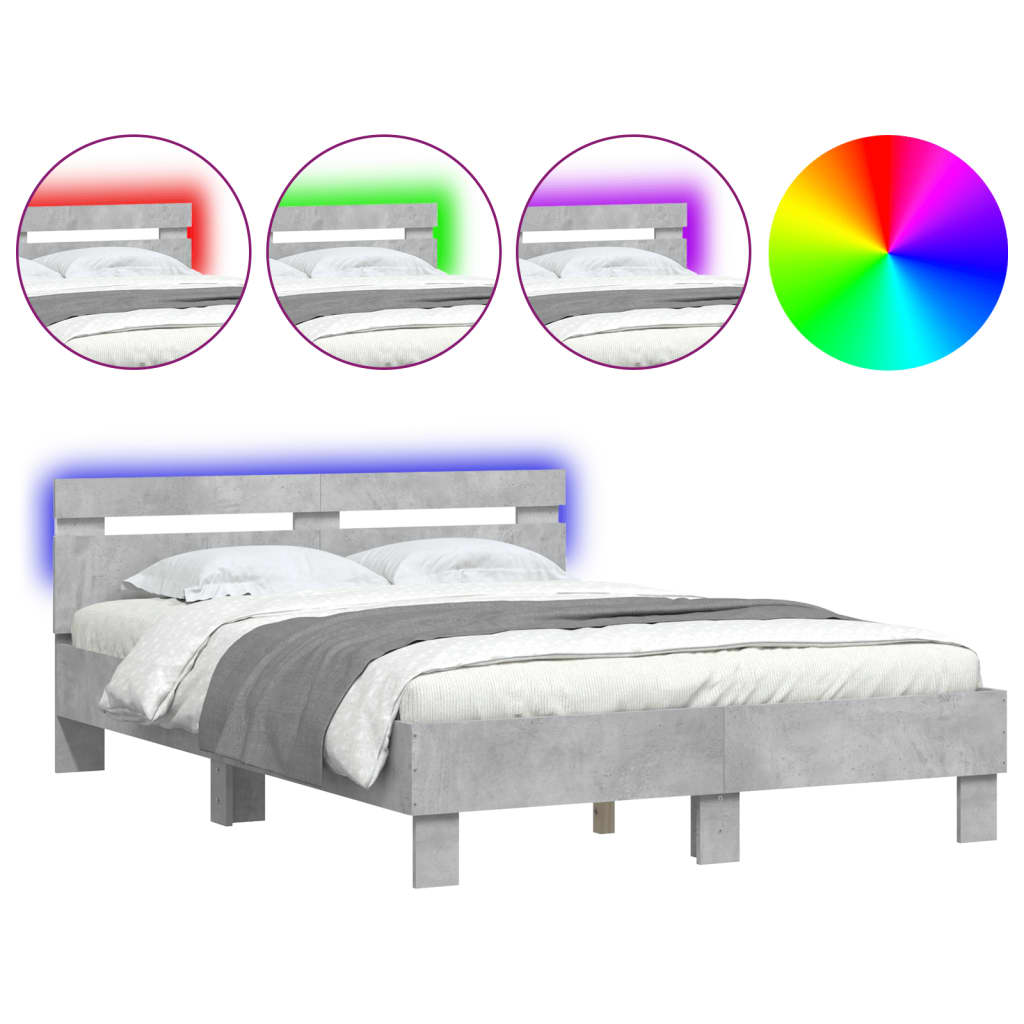 Bed Frame with LED without Mattress Concrete Grey 135x190 cm