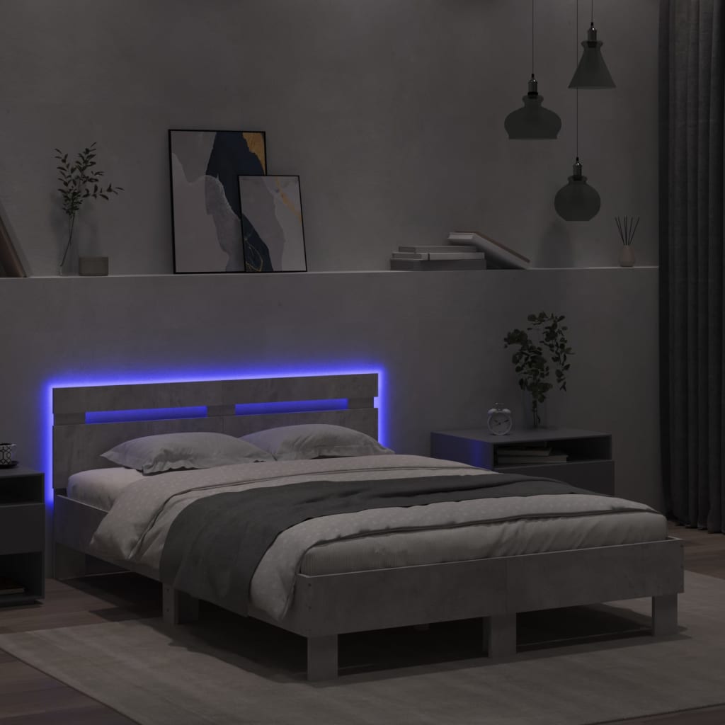 Bed Frame with LED without Mattress Concrete Grey 135x190 cm