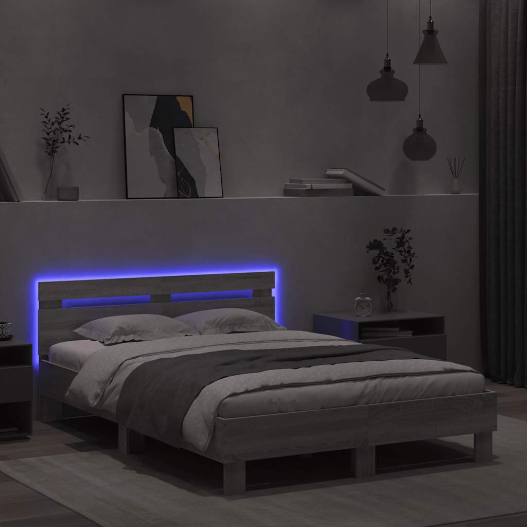 Bed Frame with LED without Mattress Grey Sonoma 135x190 cm Double