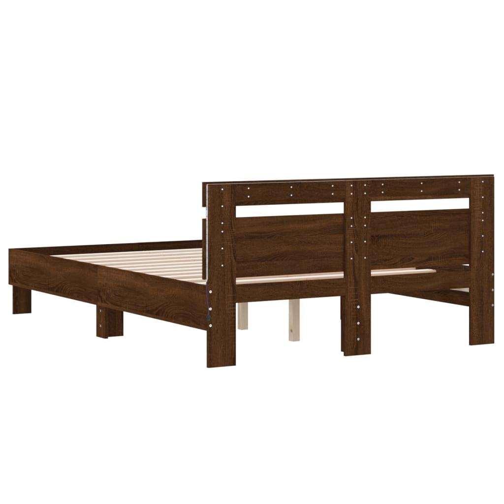 Bed Frame with LED without Mattress Brown Oak 135x190 cm Double