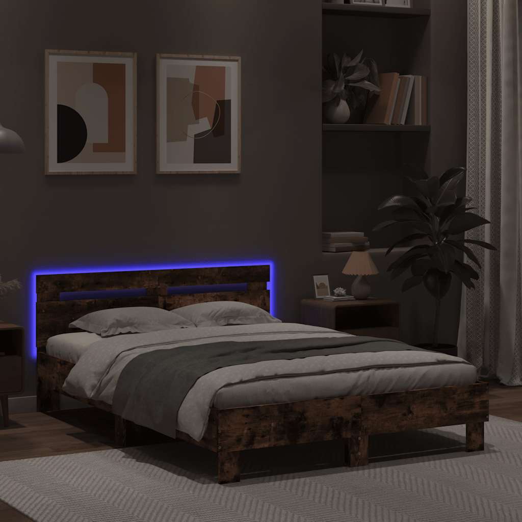 Bed Frame with LED without Mattress Smoked Oak 120x190 cm
