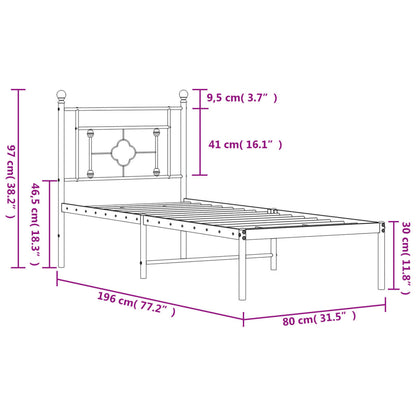 Metal Bed Frame without Mattress with Headboard Black 75x190cm