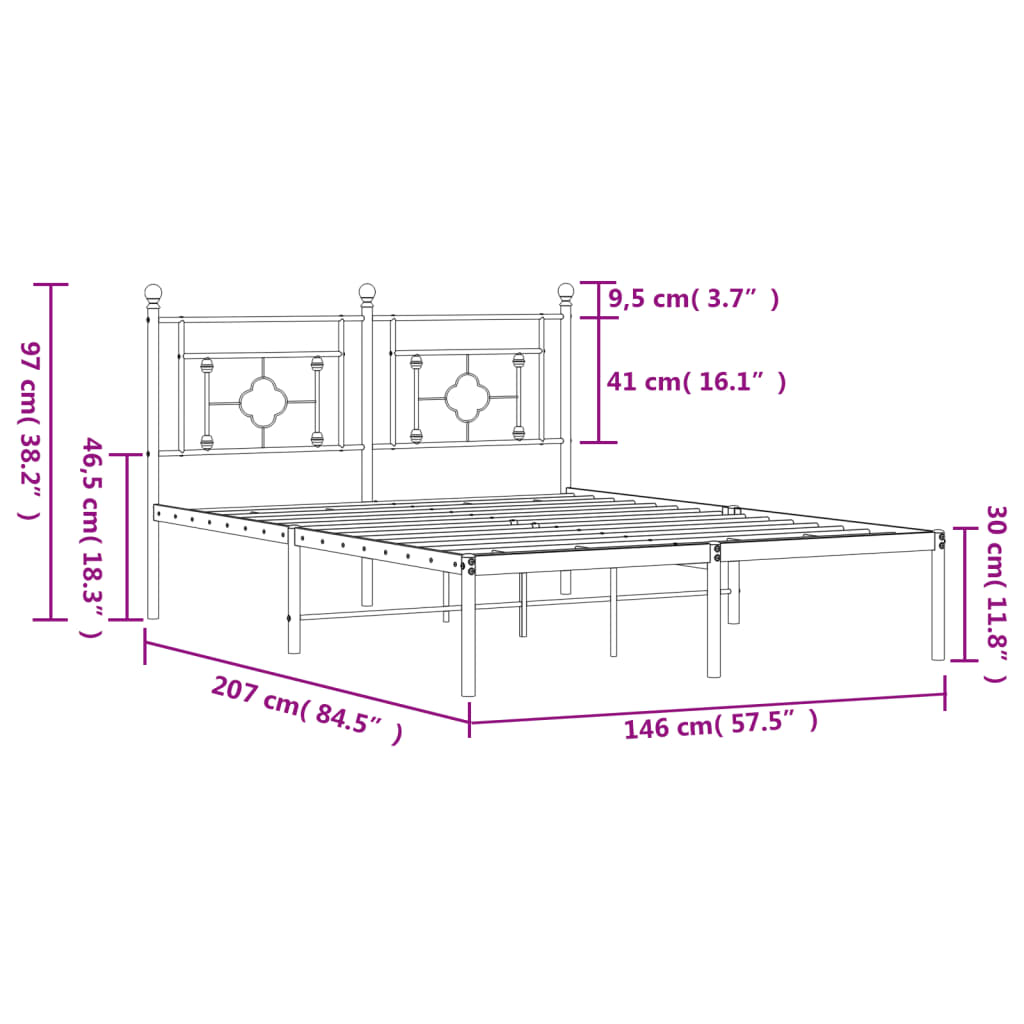 Metal Bed Frame without Mattress with Headboard Black 140x200cm