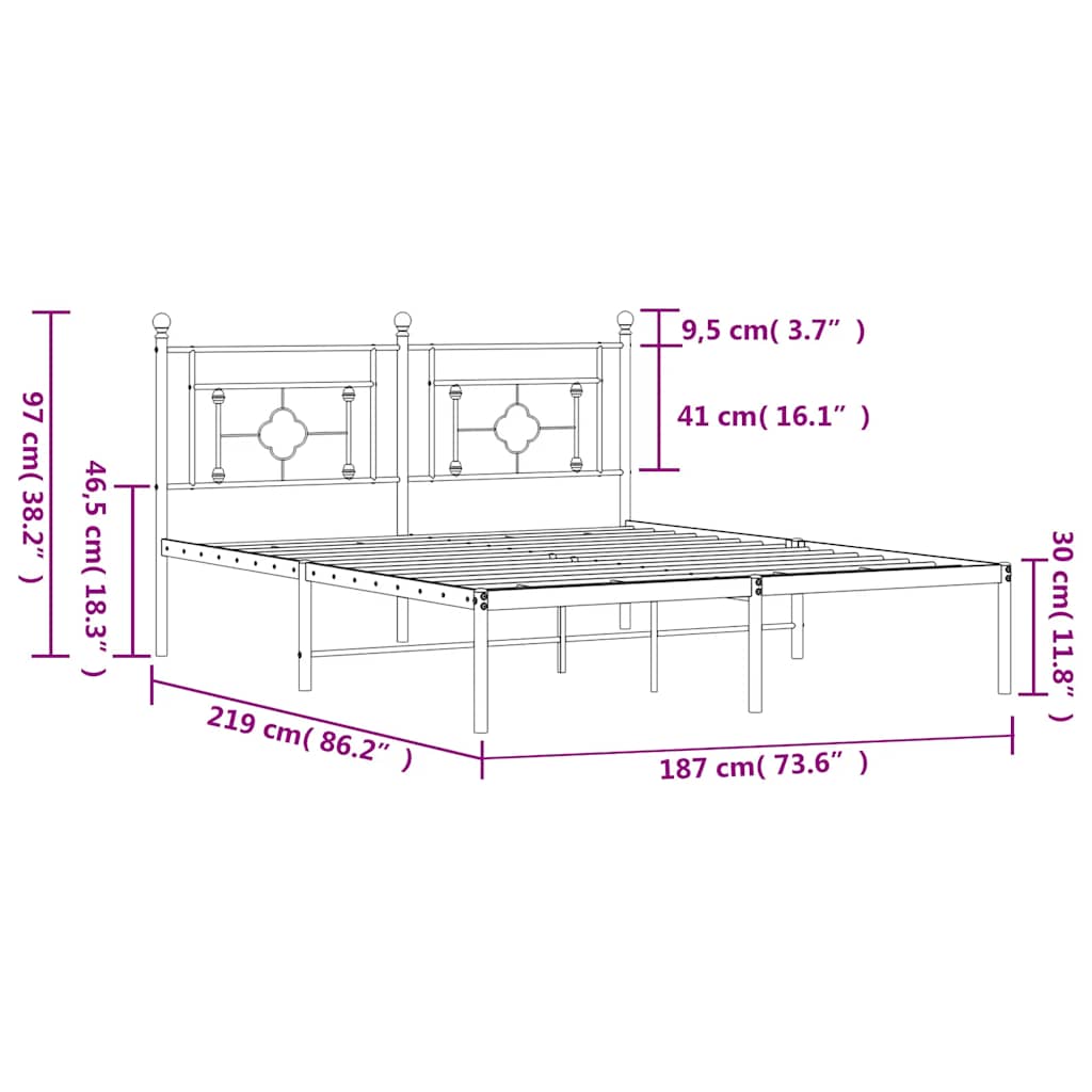 Metal Bed Frame without Mattress with Headboard Black 183x213cm