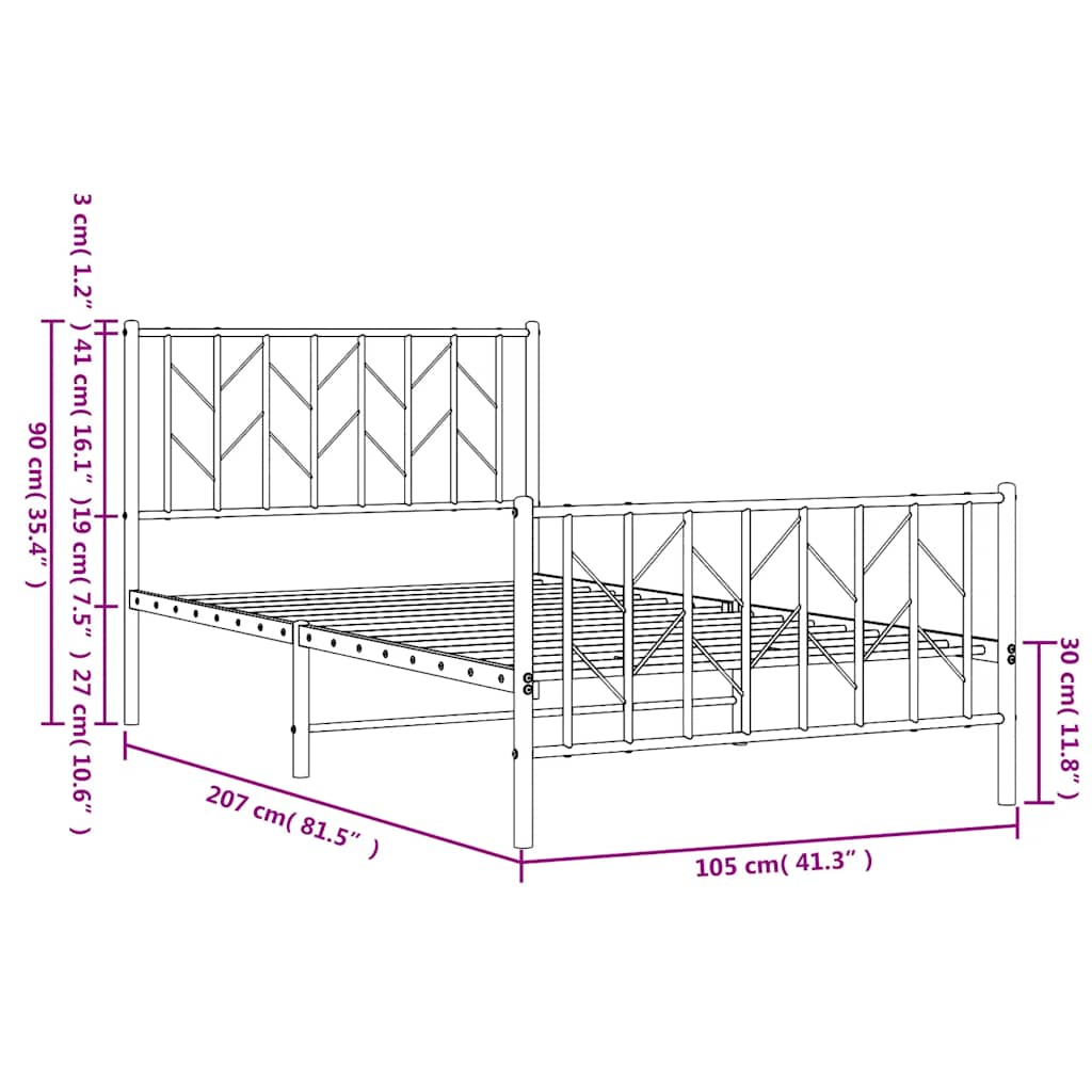 Metal Bed Frame without Mattress with Footboard White 100x200cm