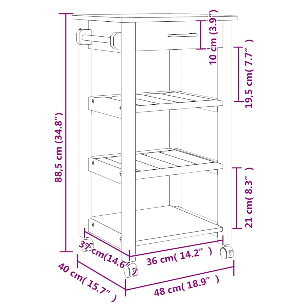 Kitchen Trolley MONZA 48x40x88.5 cm Solid Wood Pine