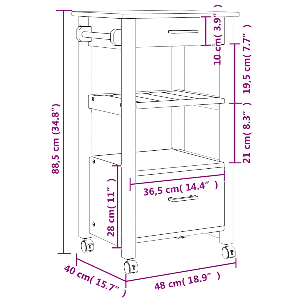 Kitchen Trolley MONZA 48x40x88.5 cm Solid Wood Pine