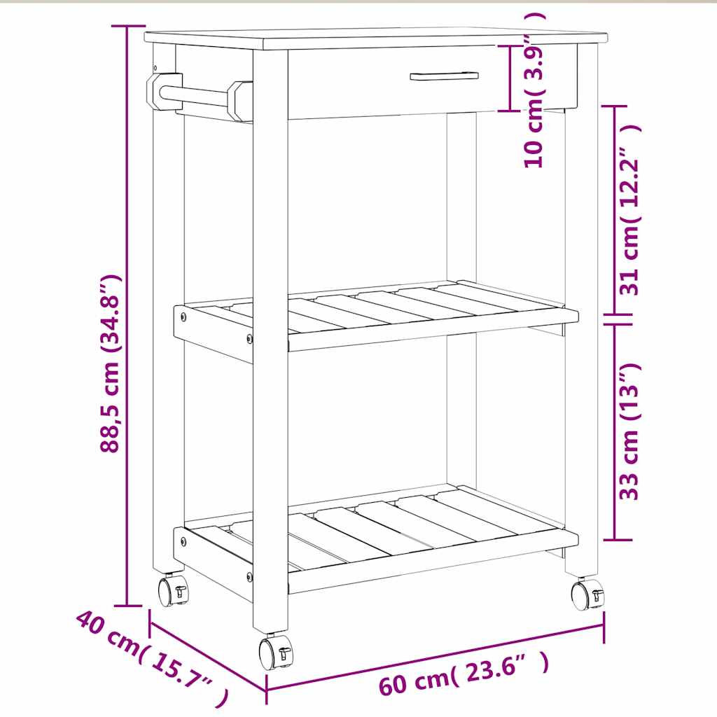 Kitchen Trolley MONZA 60x40x88.5 cm Solid Wood Pine
