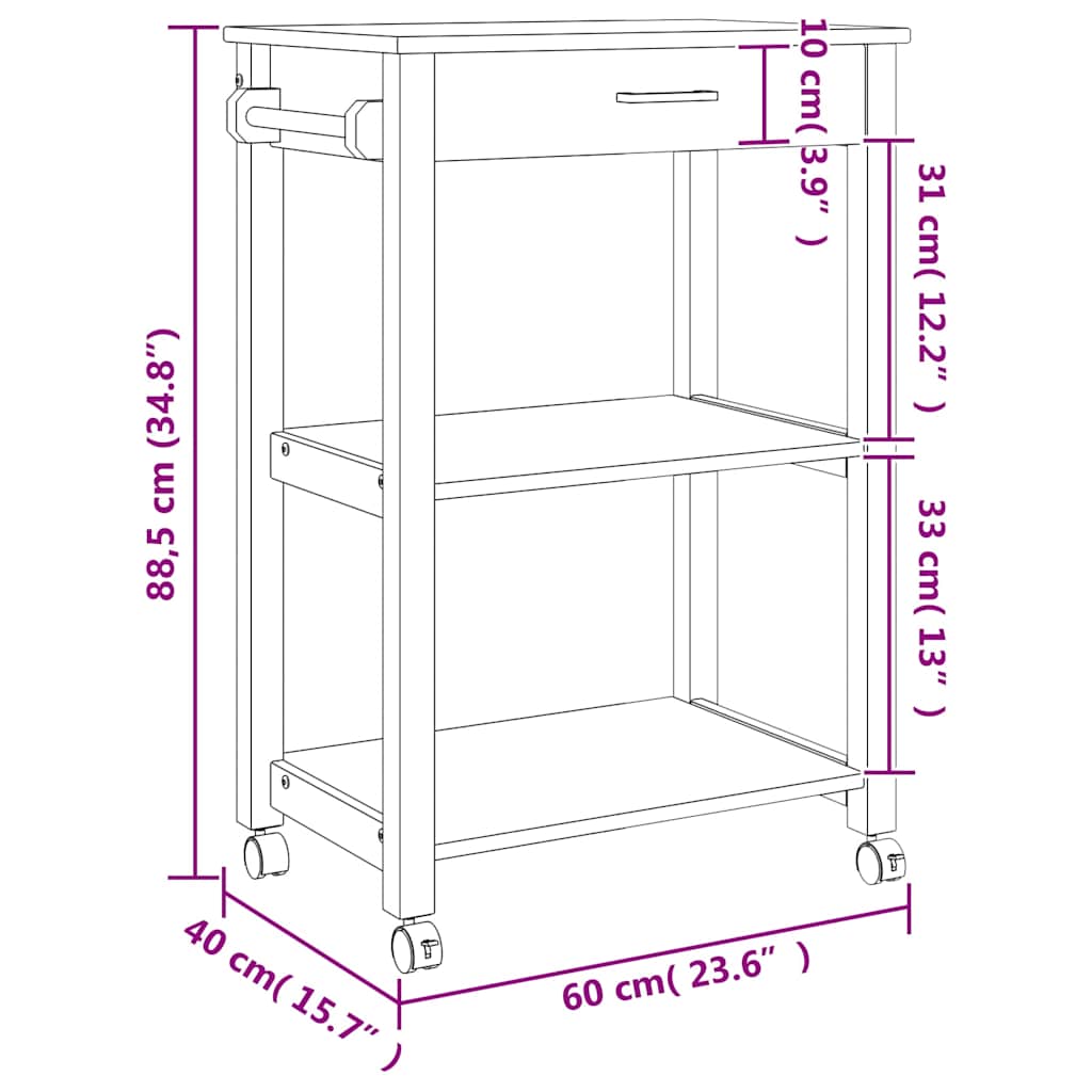 Kitchen Trolley MONZA 60x40x88.5 cm Solid Wood Pine