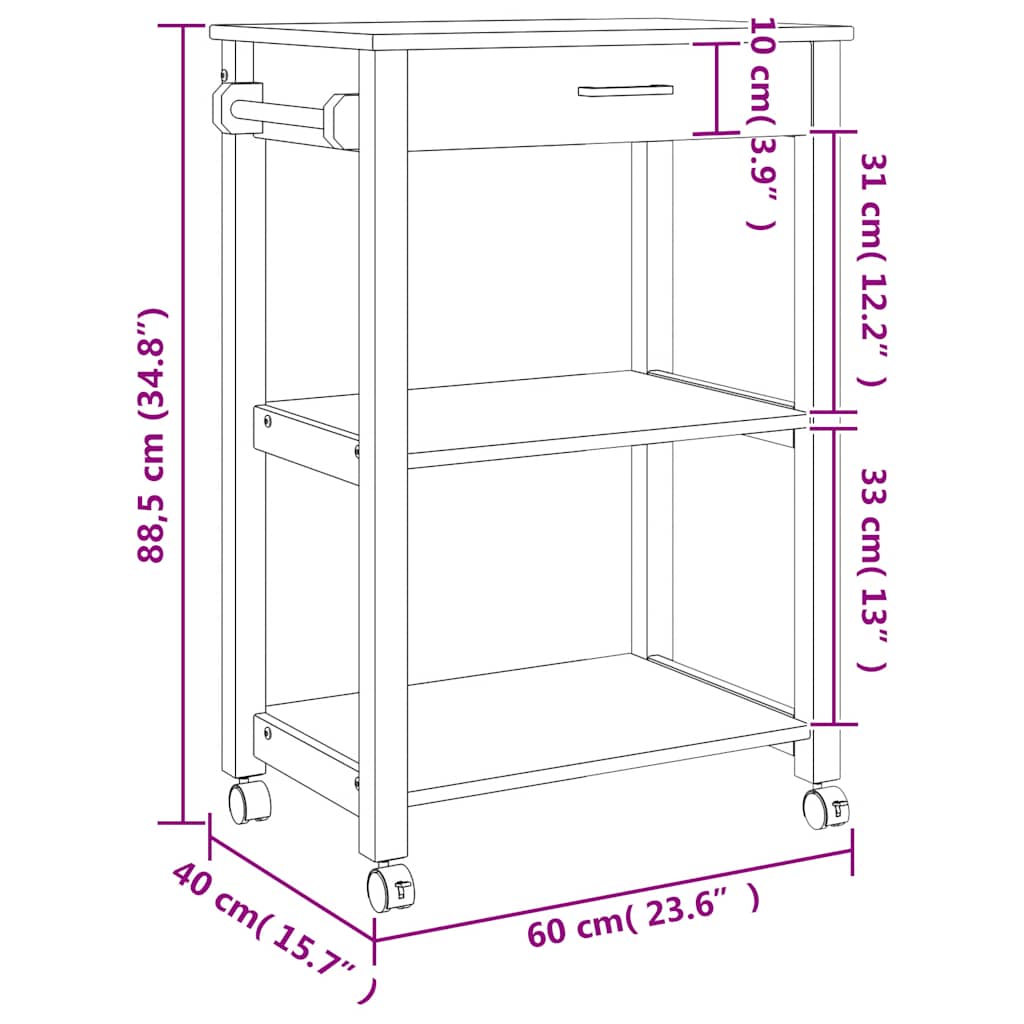Kitchen Trolley MONZA 60x40x88.5 cm Solid Wood Pine