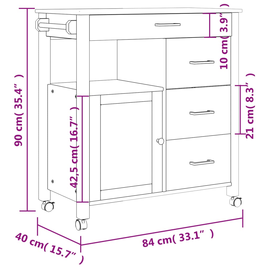 Kitchen Trolley MONZA 84x40x88.5 cm Solid Wood Pine