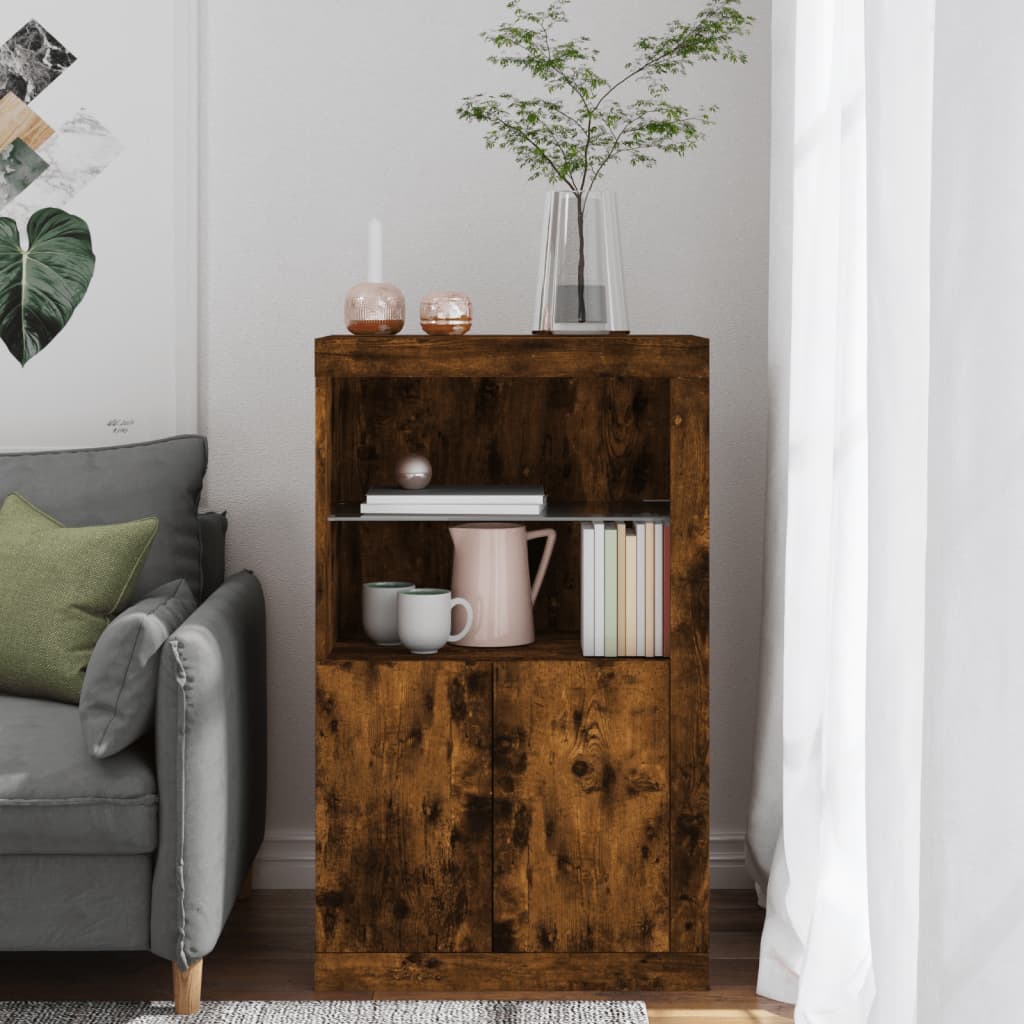 Side Cabinet with LED Lights Smoked Oak Engineered Wood