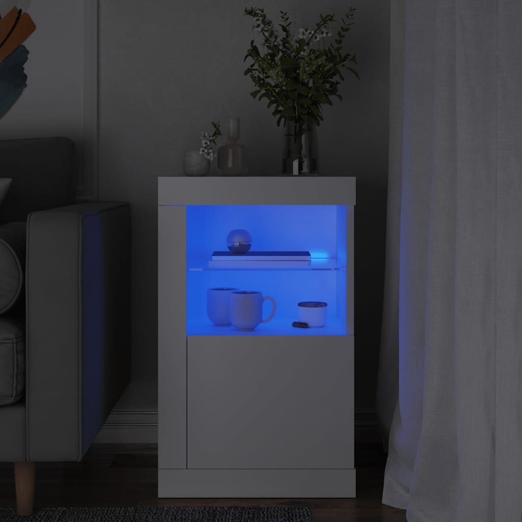 Side Cabinet with LED Lights White Engineered Wood