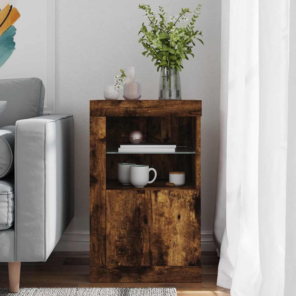 Side Cabinet with LED Lights Smoked Oak Engineered Wood