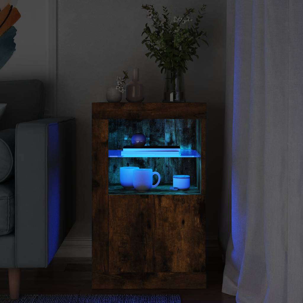 Side Cabinet with LED Lights Smoked Oak Engineered Wood
