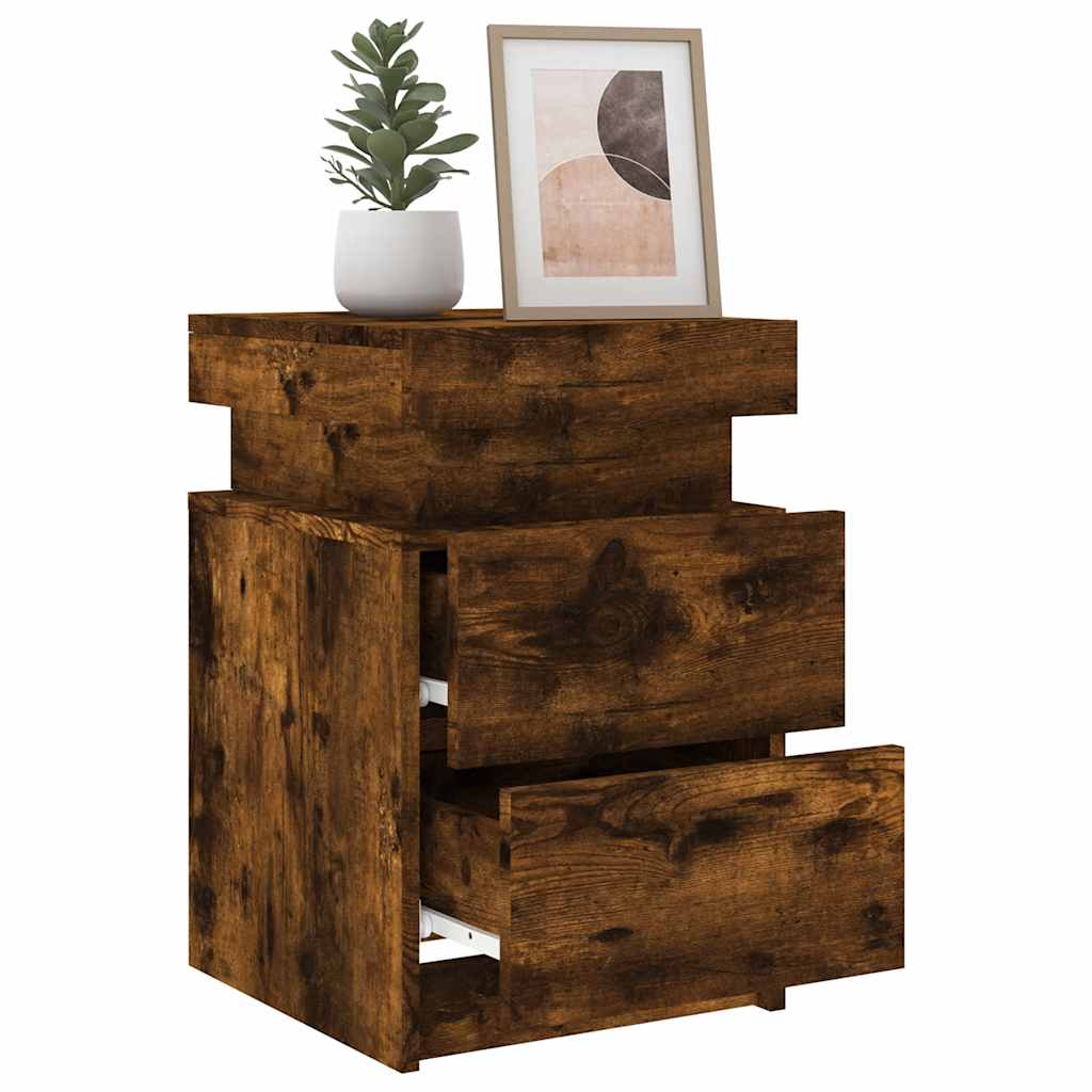 Bedside Cabinet with LED Lights Smoked Oak 35x39x55 cm