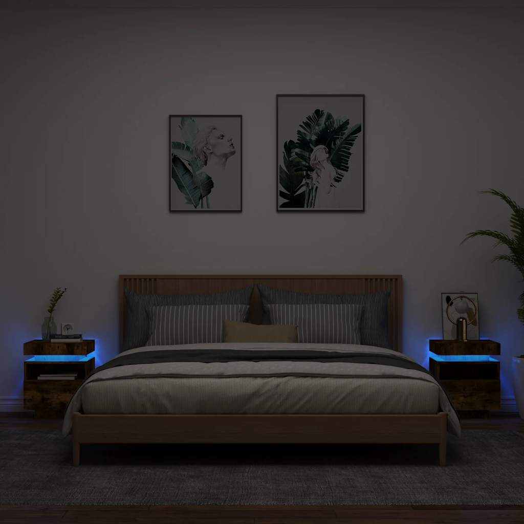 Bedside Cabinets with LED Lights 2 pcs Smoked Oak 40x39x48.5 cm