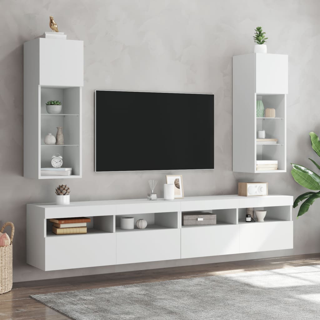 TV Cabinet | Set of 2 | White | Engineered wood, glass | 30.5x30x90 cm