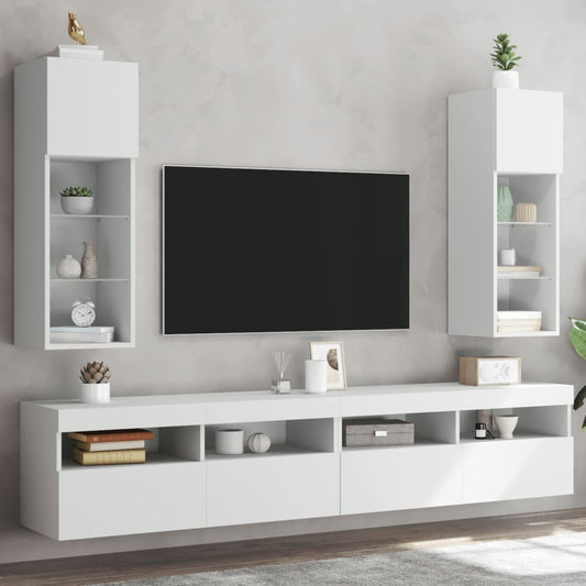 TV Cabinet | Set of 2 | White | Engineered wood, glass | 30.5x30x90 cm