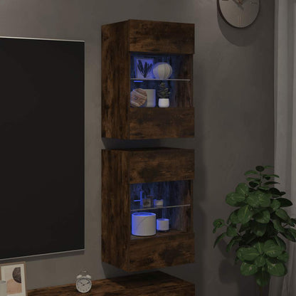 Wall Cabinets with LED Lights for TV 2 pcs Smoked Oak 40x30x60.5 cm
