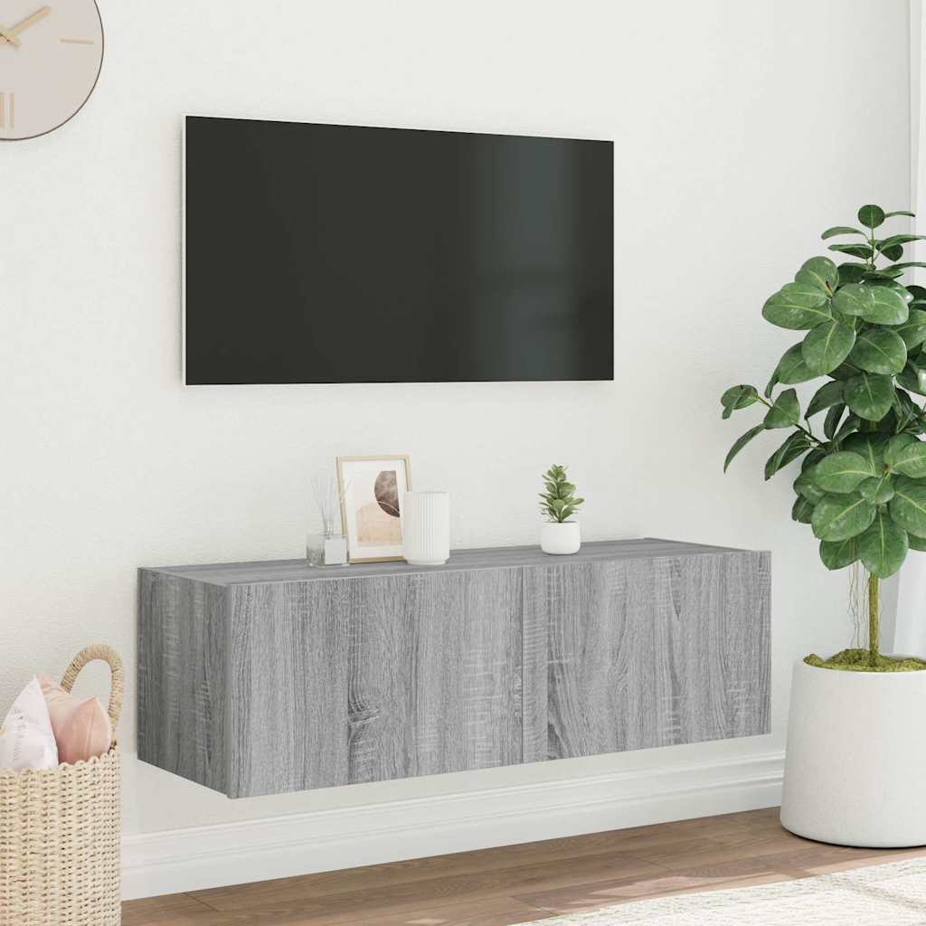 TV Wall Cabinet with LED Lights Grey Sonoma 100x35x31 cm