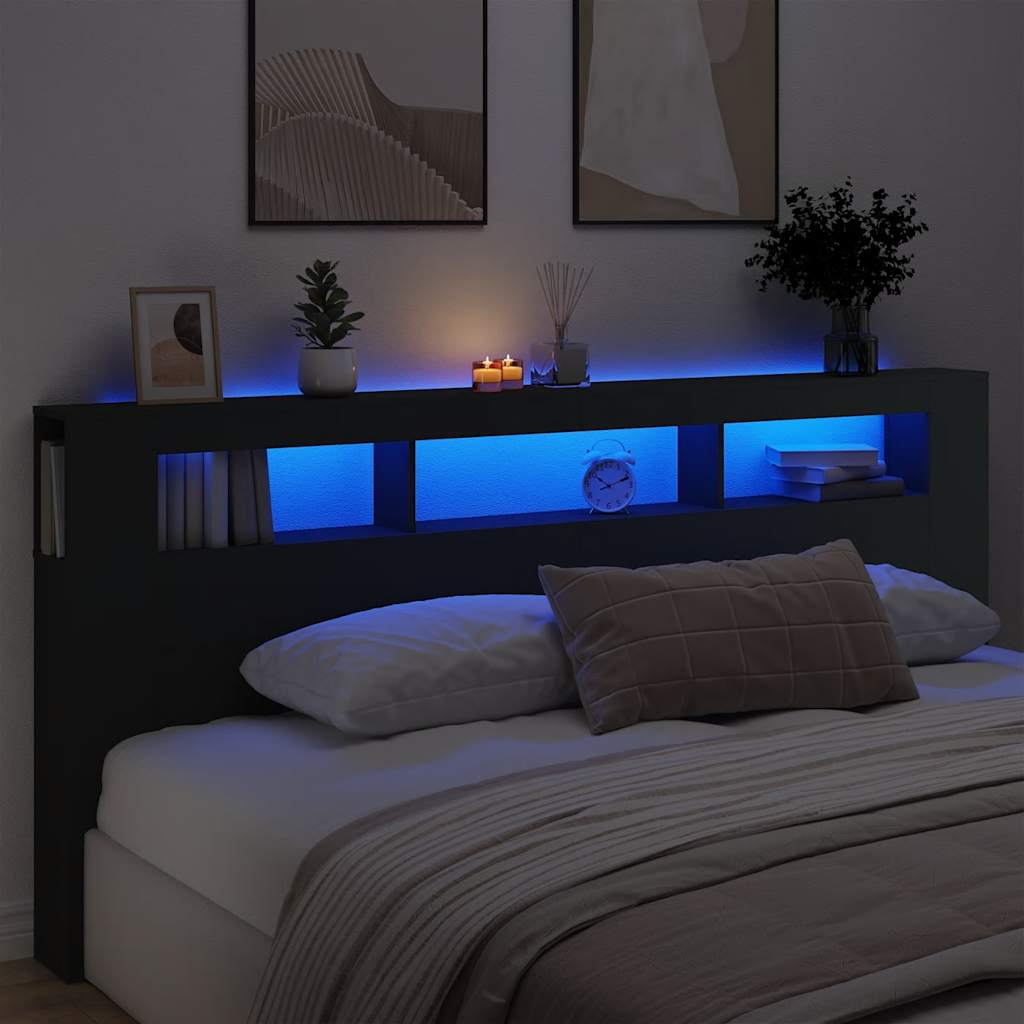 LED Headboard Black 220x18,5x103,5 cm Engineered Wood