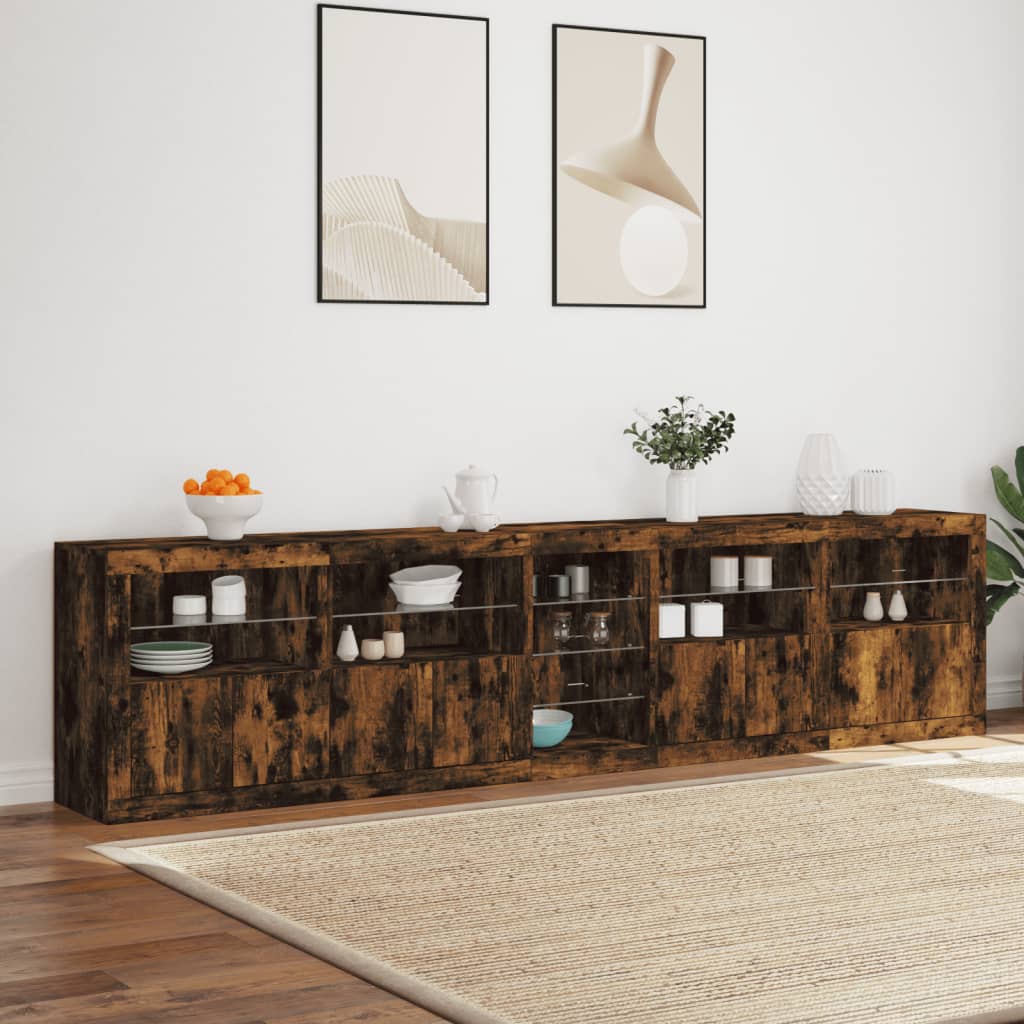 Sideboard with LED Lights Smoked Oak 283x37x67 cm