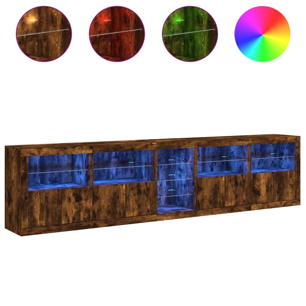 Sideboard with LED Lights Smoked Oak 283x37x67 cm