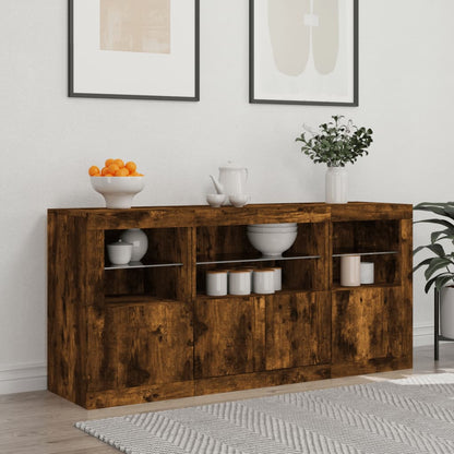 Sideboard with LED Lights Smoked Oak 142,5x37x67 cm