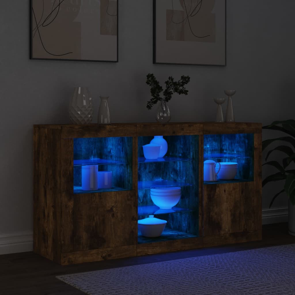 Sideboard with LED Lights Smoked Oak 123x37x67 cm