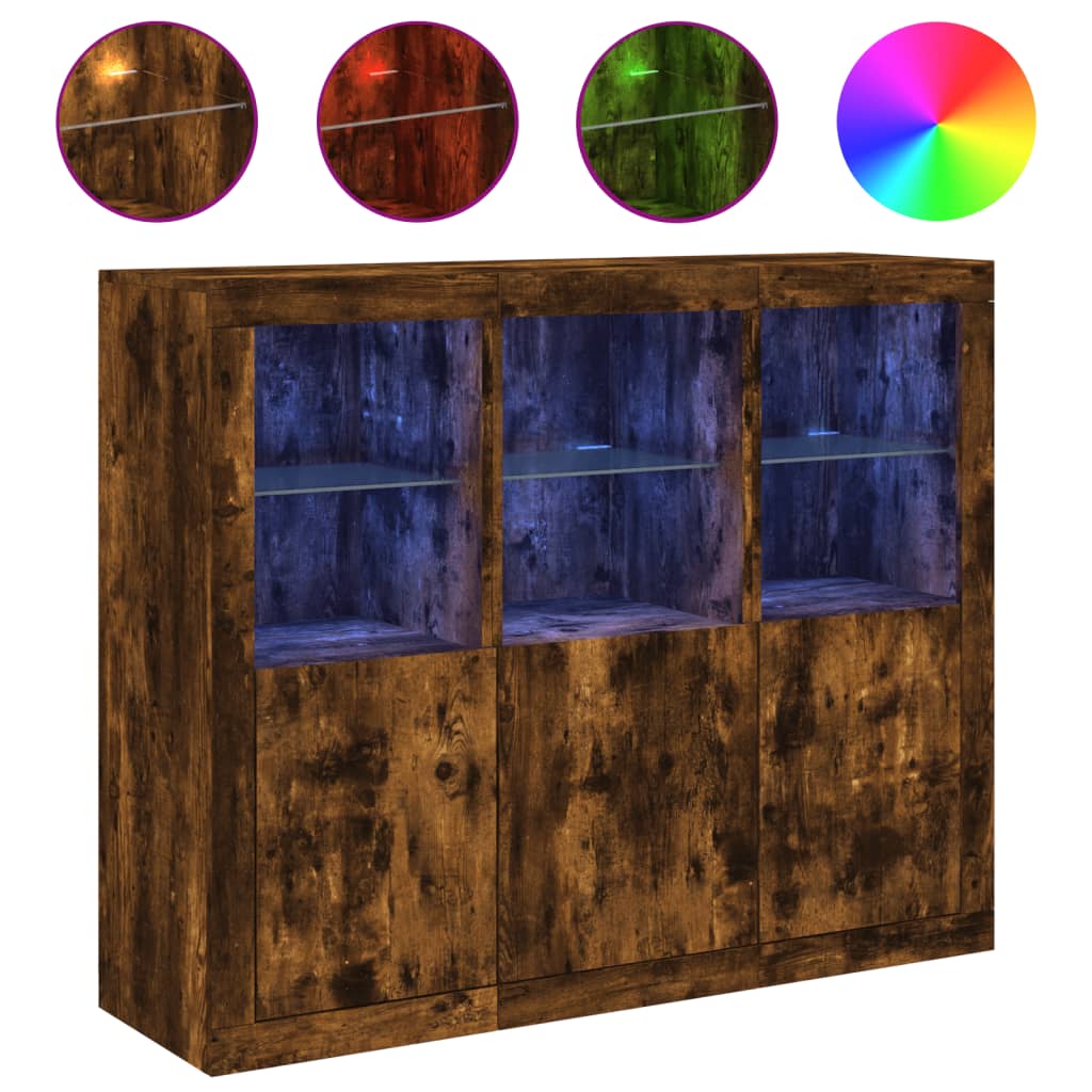 Sideboards with LED Lights 3 pcs Smoked Oak Engineered Wood