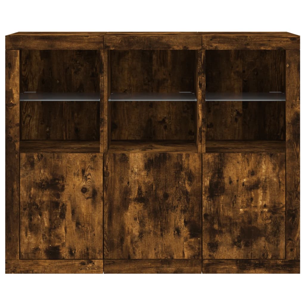 Sideboards with LED Lights 3 pcs Smoked Oak Engineered Wood