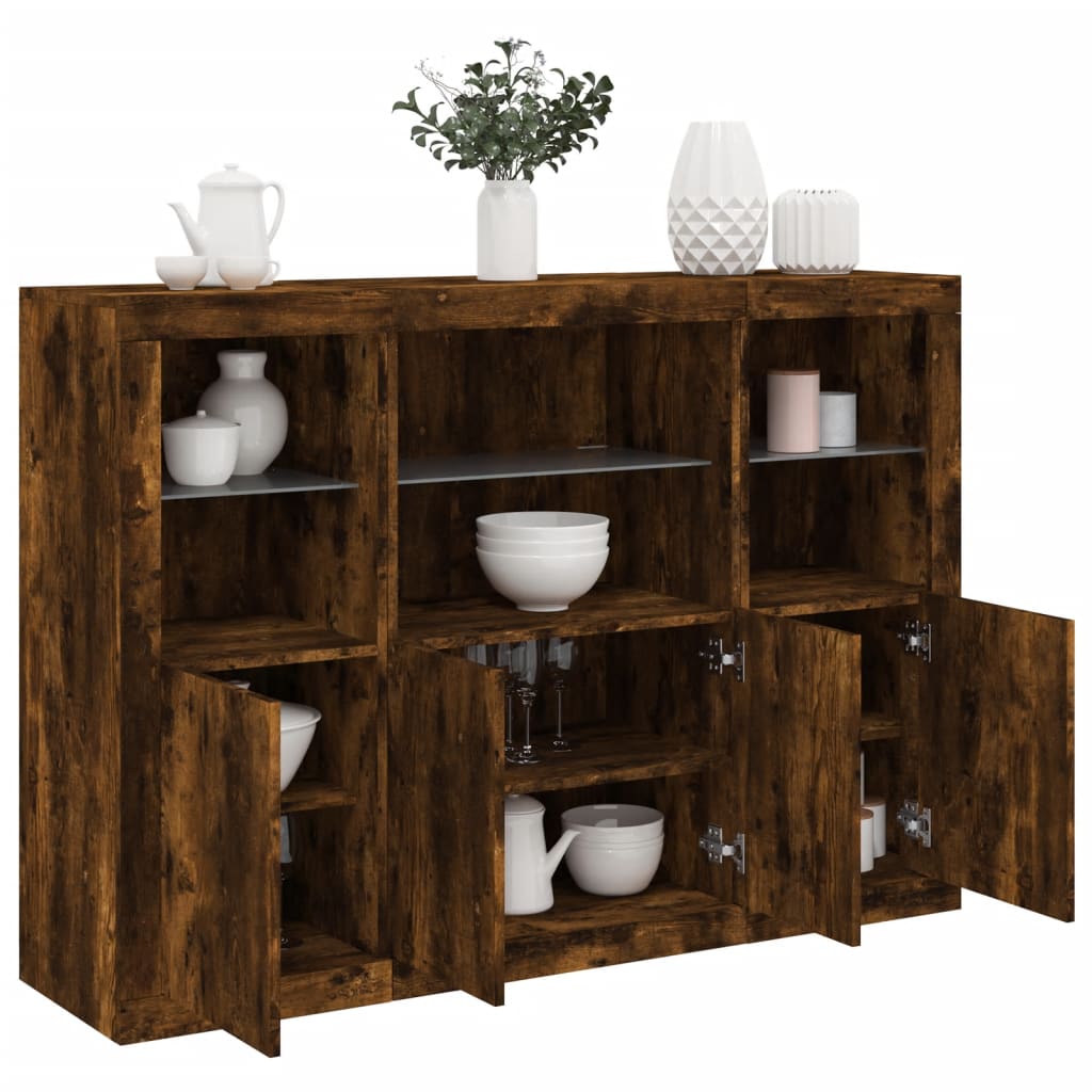 Sideboards with LED Lights 3 pcs Smoked Oak Engineered Wood