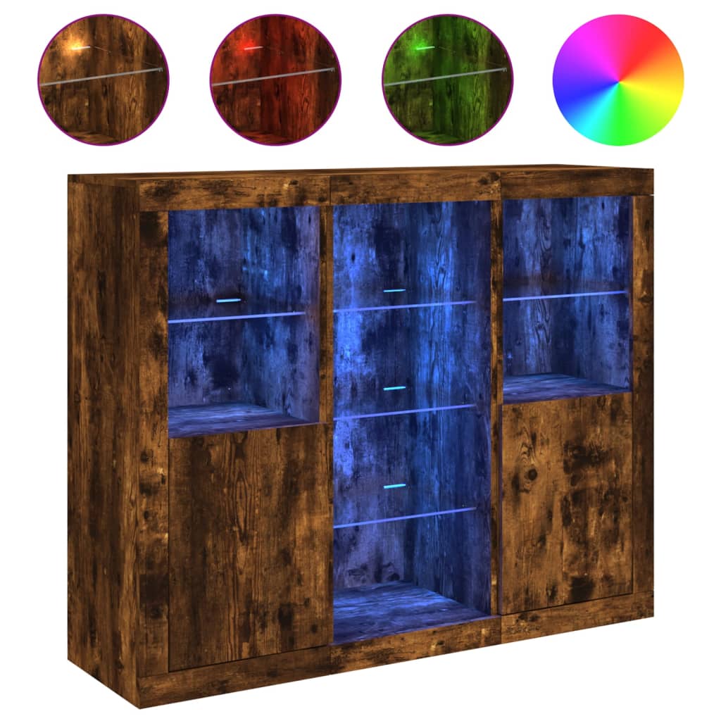 Sideboards with LED Lights 3 pcs Smoked Oak Engineered Wood