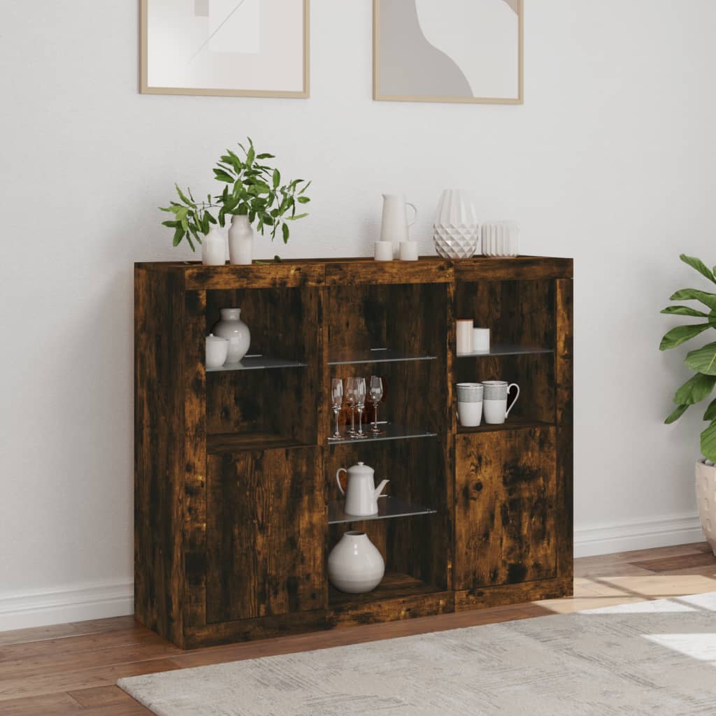 Sideboards with LED Lights 3 pcs Smoked Oak Engineered Wood