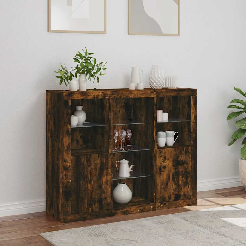 Sideboards with LED Lights 3 pcs Smoked Oak Engineered Wood