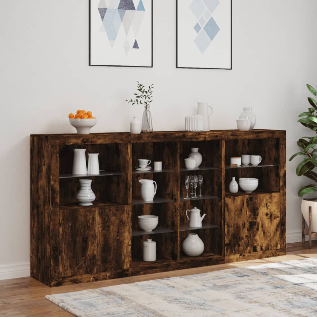 Sideboard with LED Lights Smoked Oak 202x37x100 cm