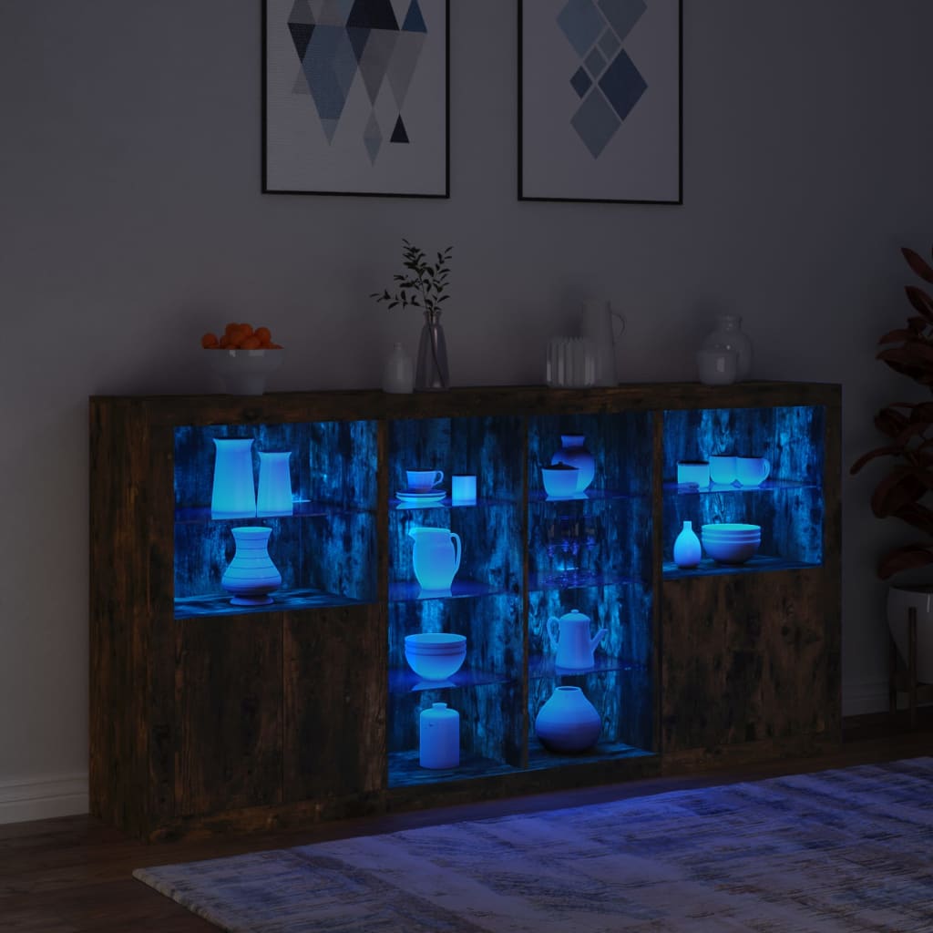 Sideboard with LED Lights Smoked Oak 202x37x100 cm