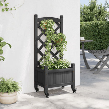 Planter with Trellis and Wheels Black Solid Wood Fir