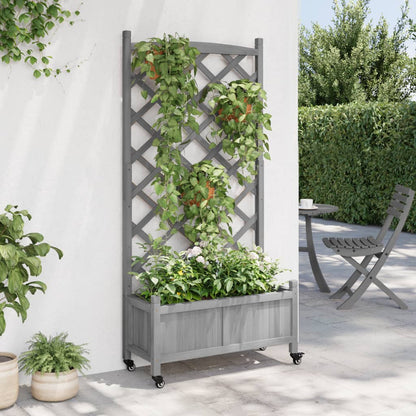 Planter with Trellis and Wheels Grey Solid Wood Fir