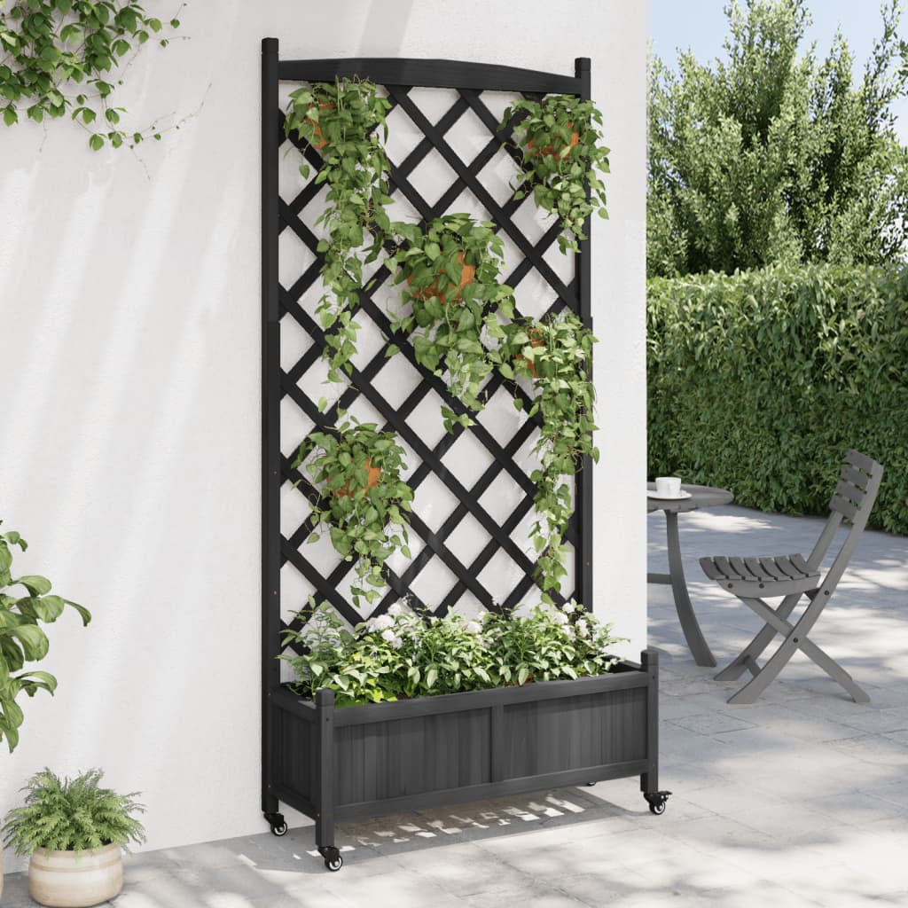 Planter with Trellis and Wheels Black Solid Wood Fir
